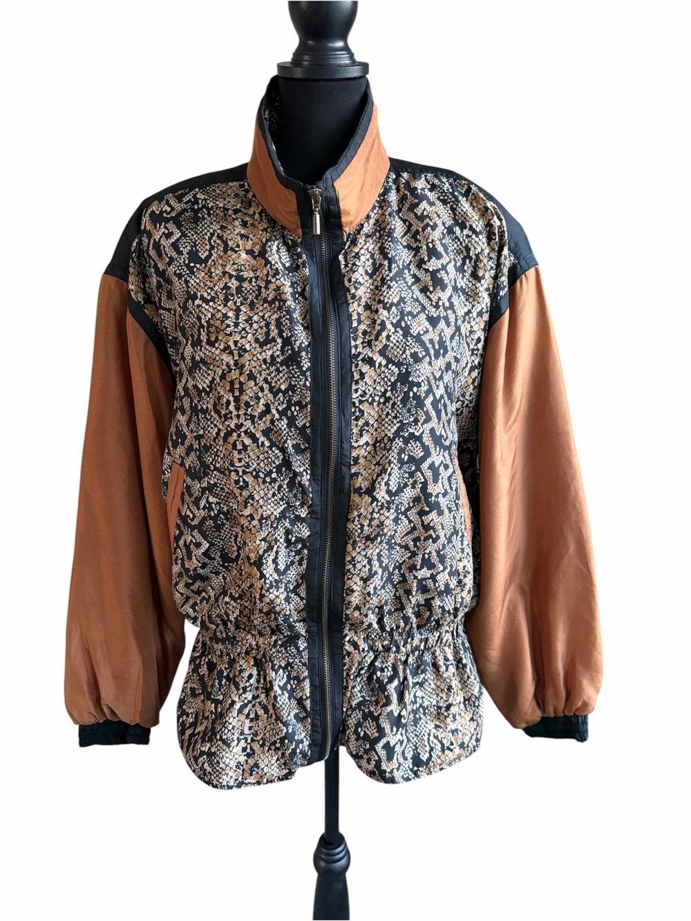 Vintage East West 100% Silk Snake Print Peplum Zip Jacket Funnel Neck Women M - Picture 3 of 12